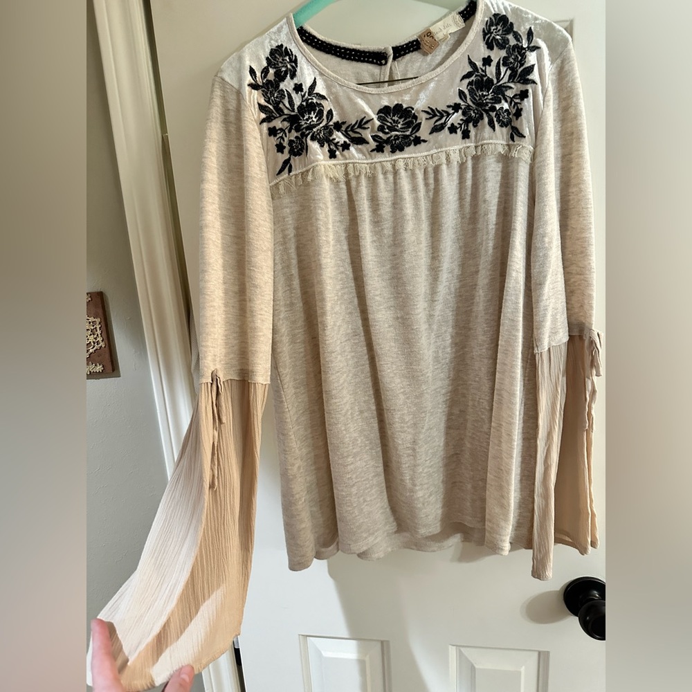 Alter’d State - Beige Blouse with Black Embroidered Flowers